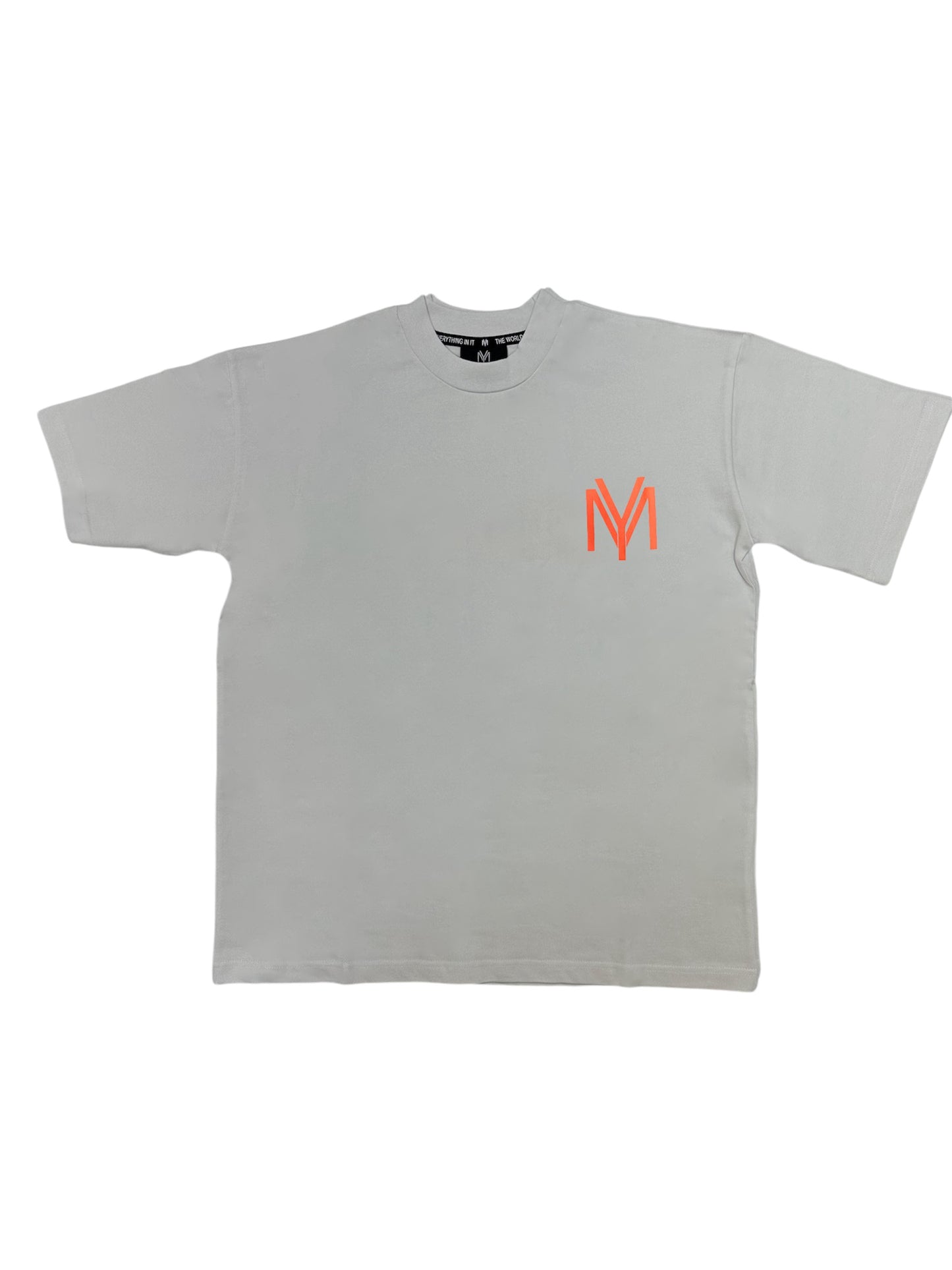 White organic cotton oversized T-shirt featuring a printed orange YM logo on the front