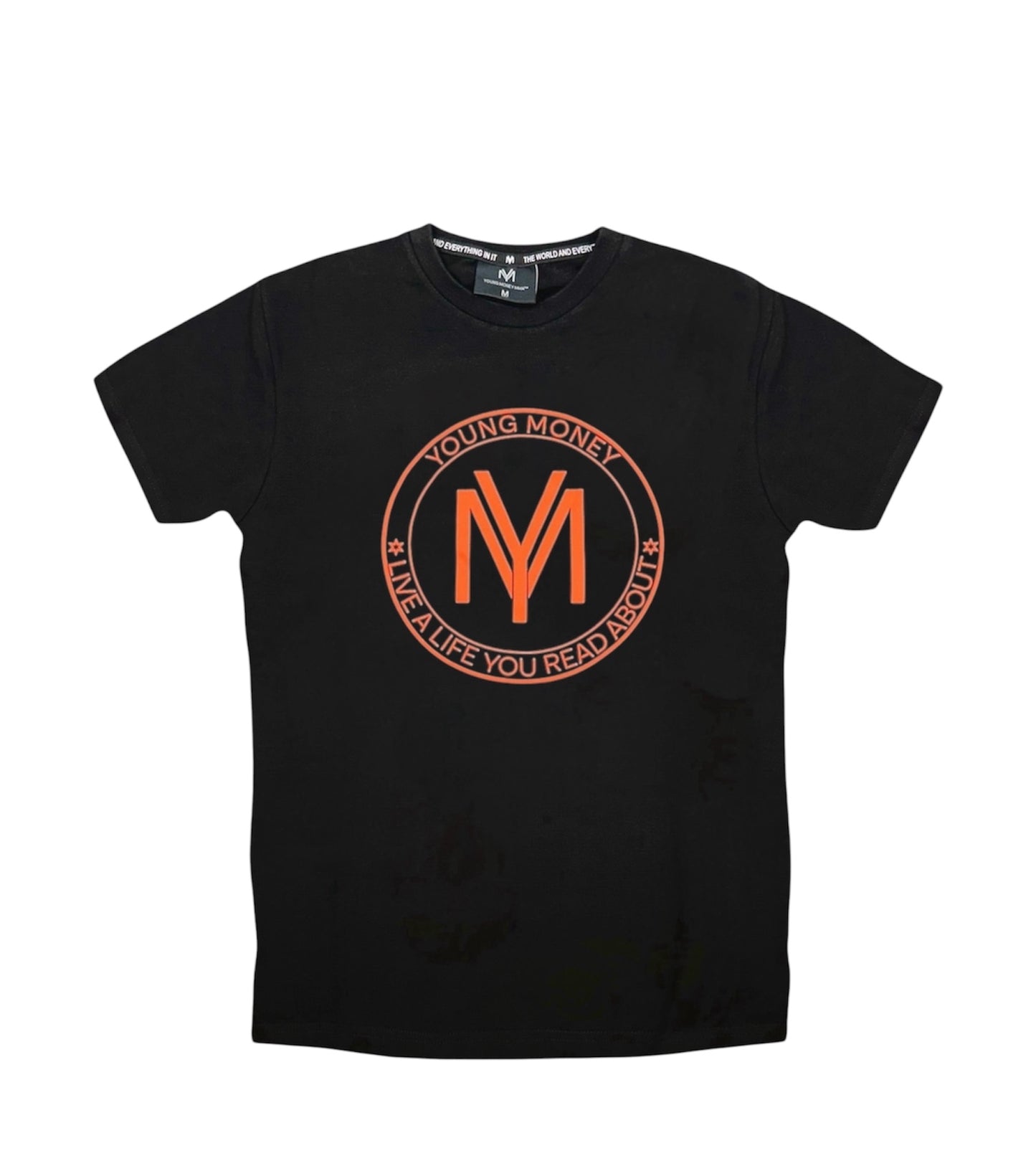 Black slim-fit T-shirt with a coloured shield design across the front with the brand's slogan in orange