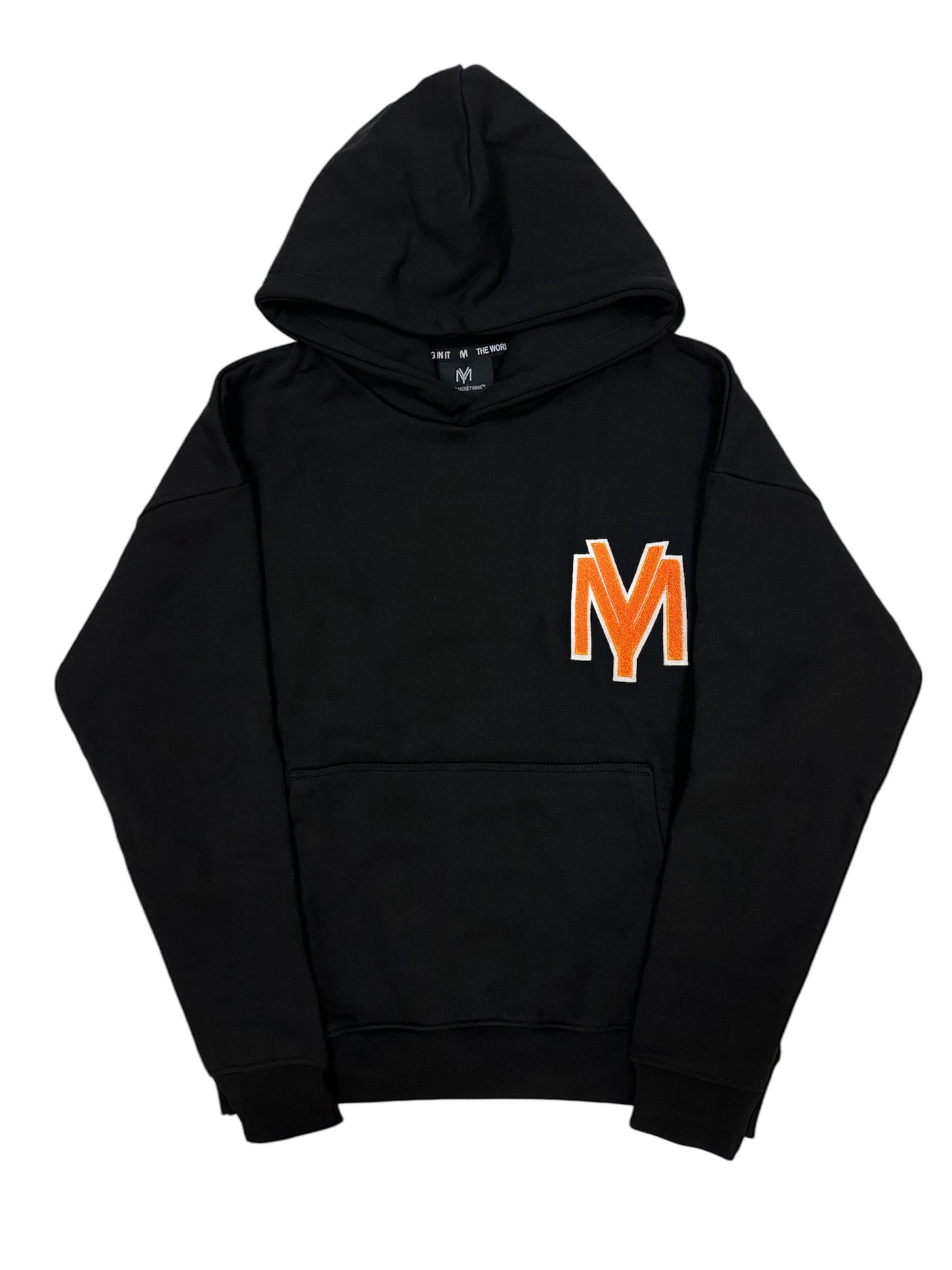 Premium organic cotton black hoodie with a raised fluffy embroidered YM logo on the chest in orange