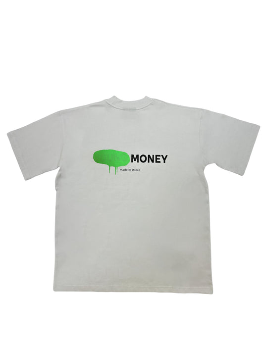 White organic cotton oversized T-shirt featuring a green spray paint graphic and text on the back