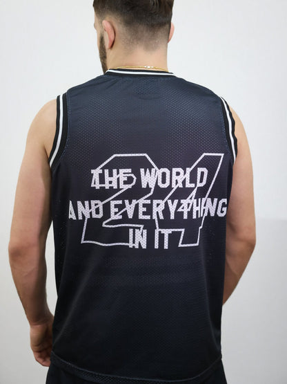 The back of the black Young Money MMA basketball style jersey with slogan on a male model size medium