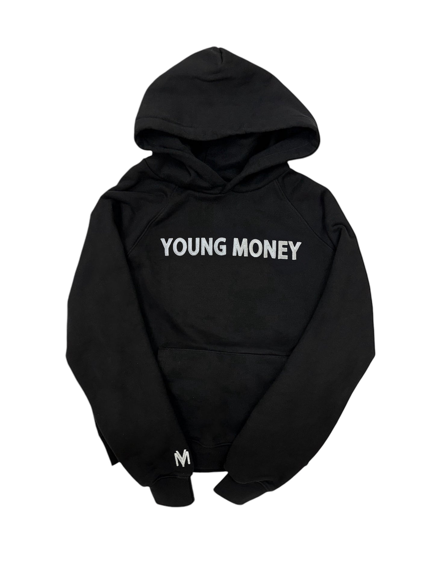 Black organic cotton oversized  hoodie with white embroidered young money lettering on the front and a white embroidered YM logo on the sleeve