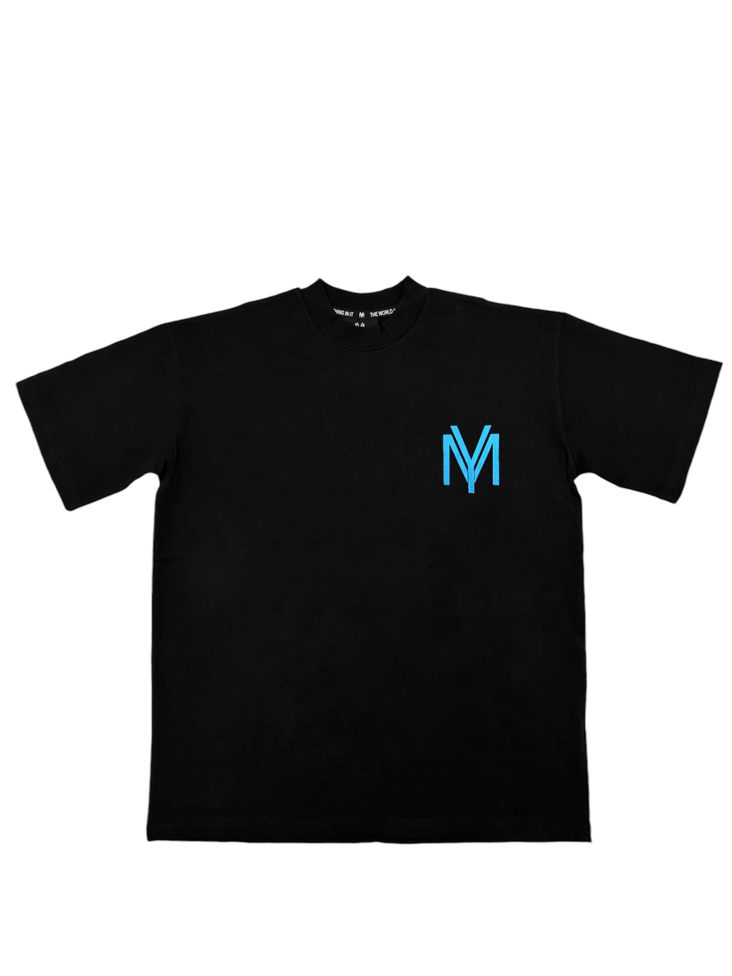 Black organic cotton oversized T-shirt featuring a printed blue YM logo on the front