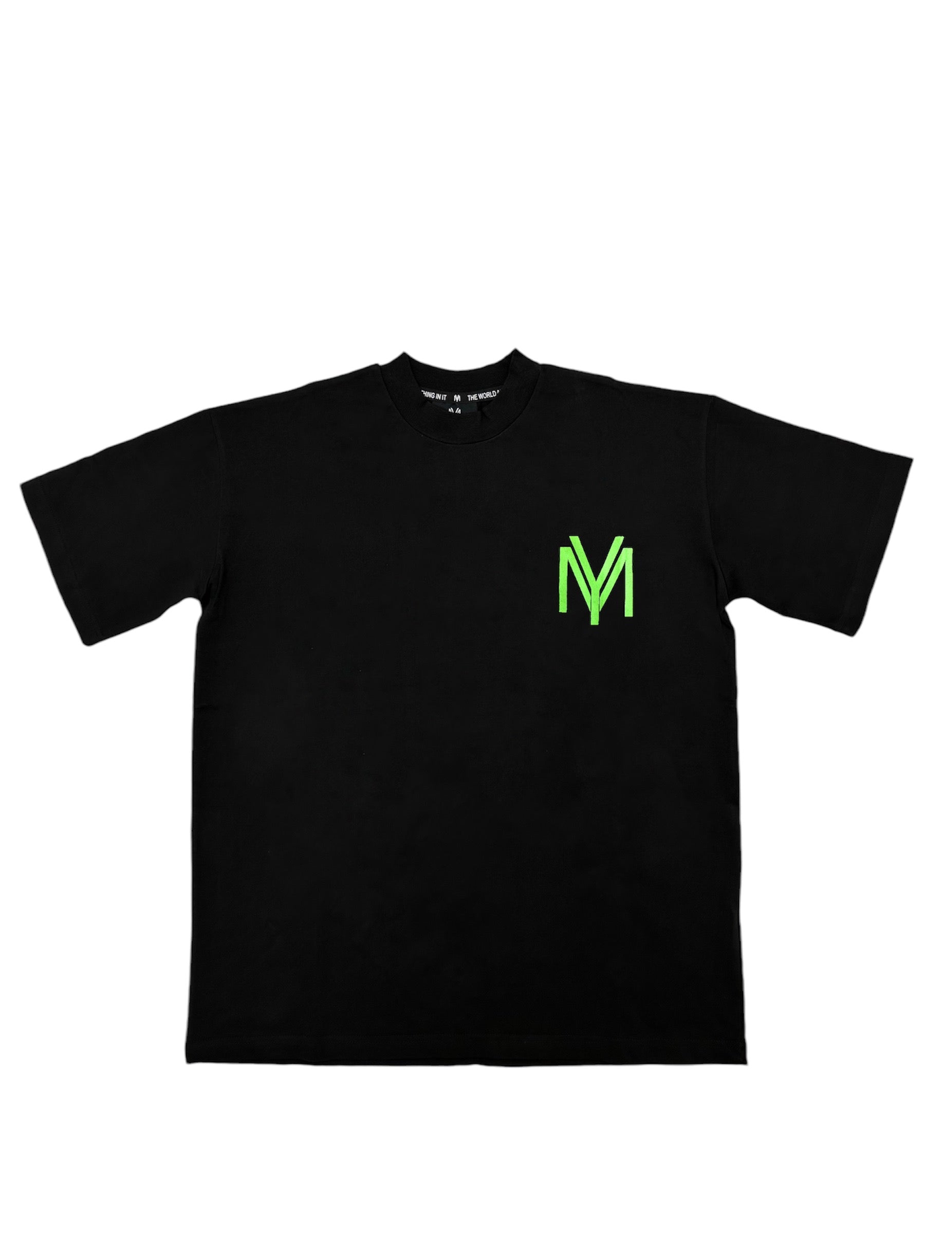 Black organic cotton oversized T-shirt featuring a printed green YM logo on the front