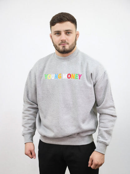 Grey sweatshirt with a direct embroidered young money text in illuminous multicolours and white embroidered logo on the sleeve on a male model size medium