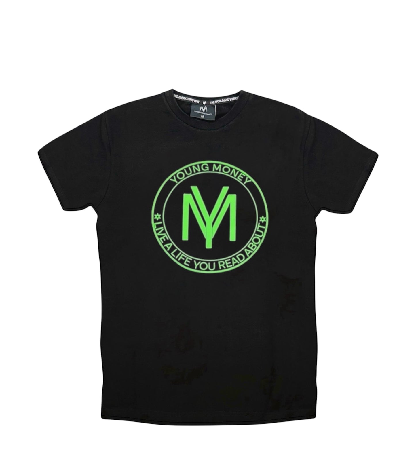 Black slim-fit T-shirt with a coloured shield design across the front with the brand's slogan in green