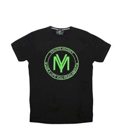 Black slim-fit T-shirt with a coloured shield design across the front with the brand's slogan in green