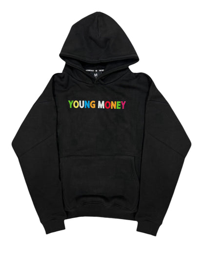 Black hoodie with a direct embroidered young money text in illuminous multicolours 