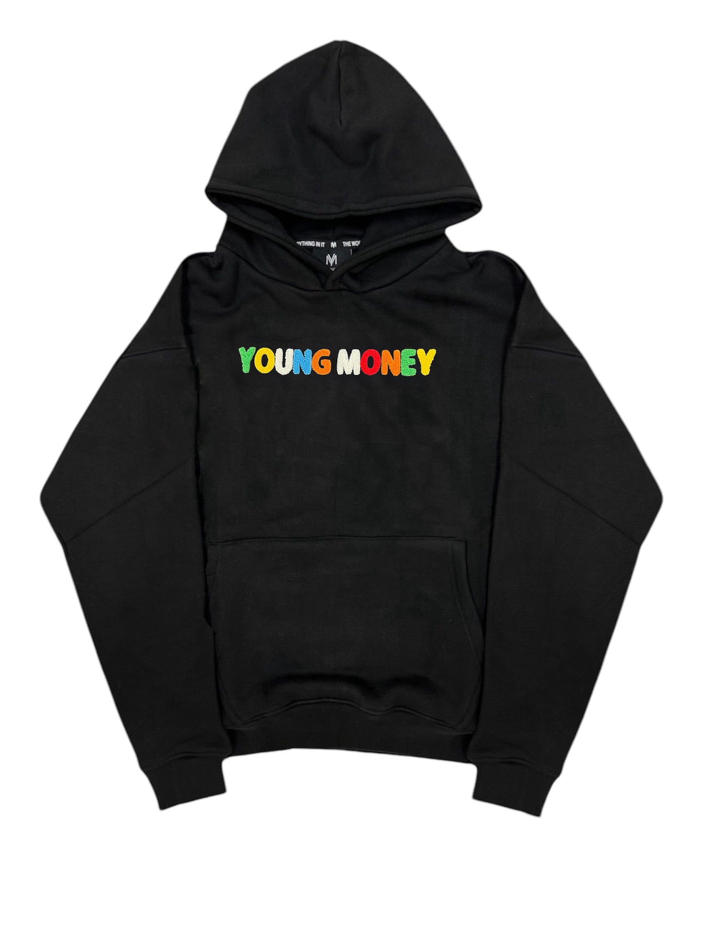 Black hoodie with a fluffy embroidered young money text in illuminous multicolours 