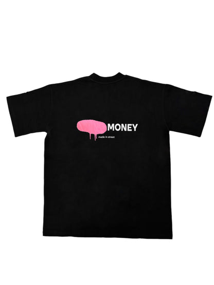 Black organic cotton oversized T-shirt featuring a pink spray paint graphic and text on the back