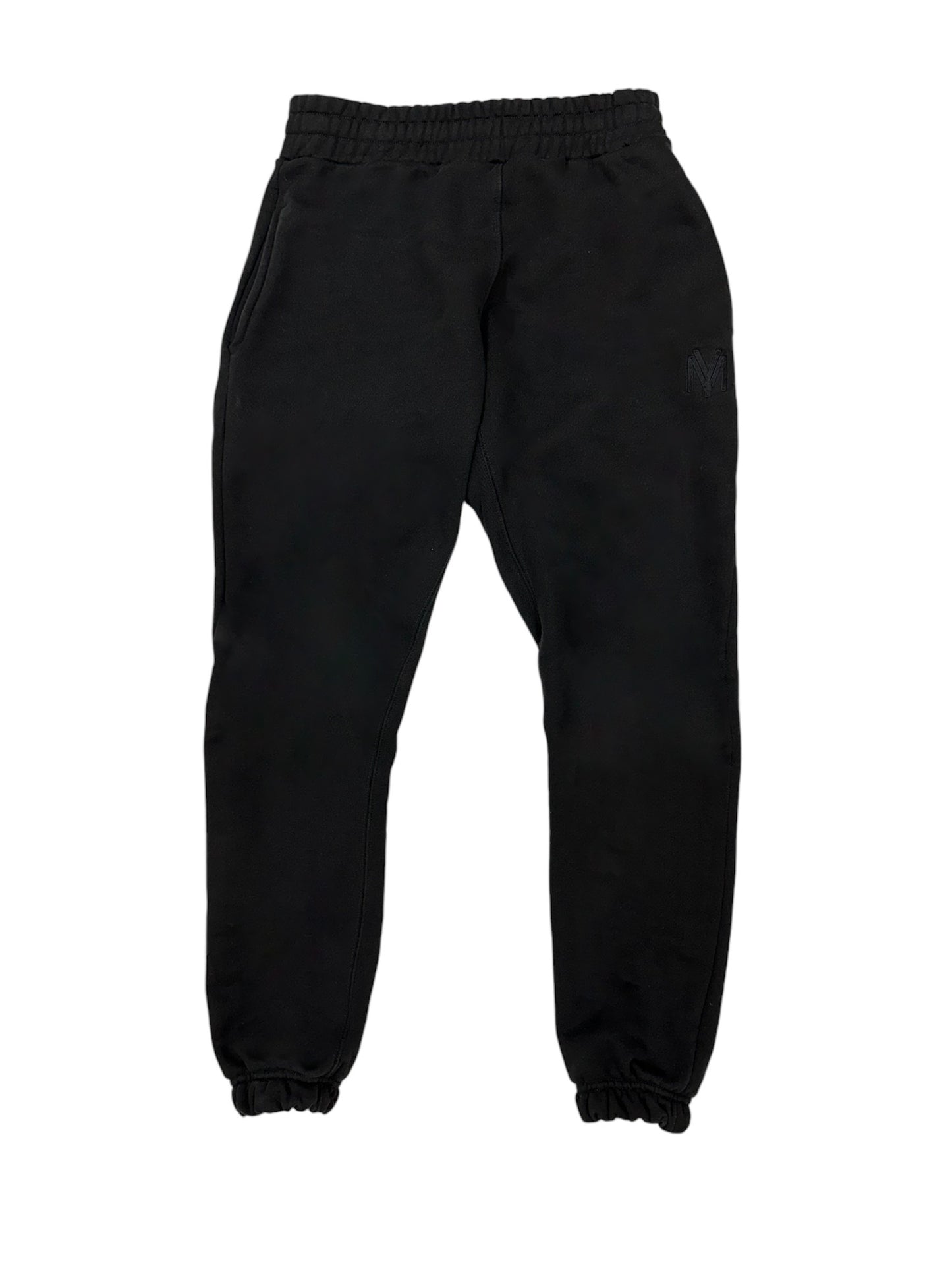 Premium organic cotton black joggers with a black embroidered YM logo on the left 