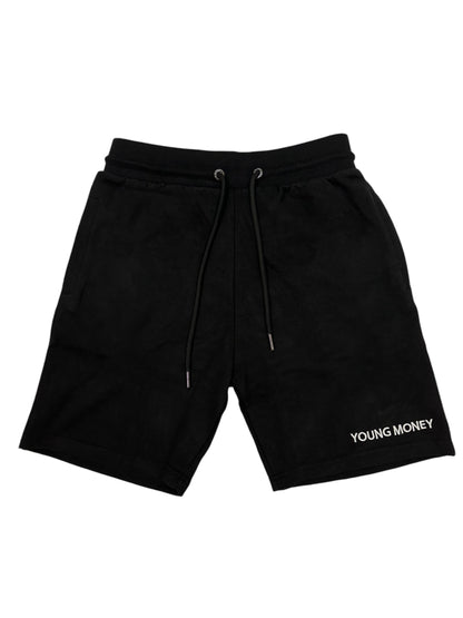 Black relaxed fit shorts with embroidered young money text 