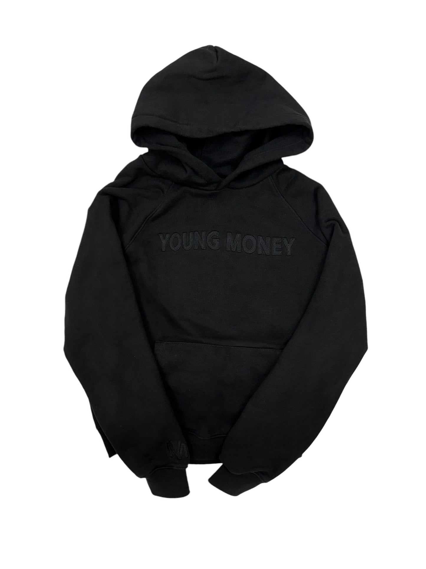 Premium organic cotton black hoodie with a black embroidered Young Money text across the front 