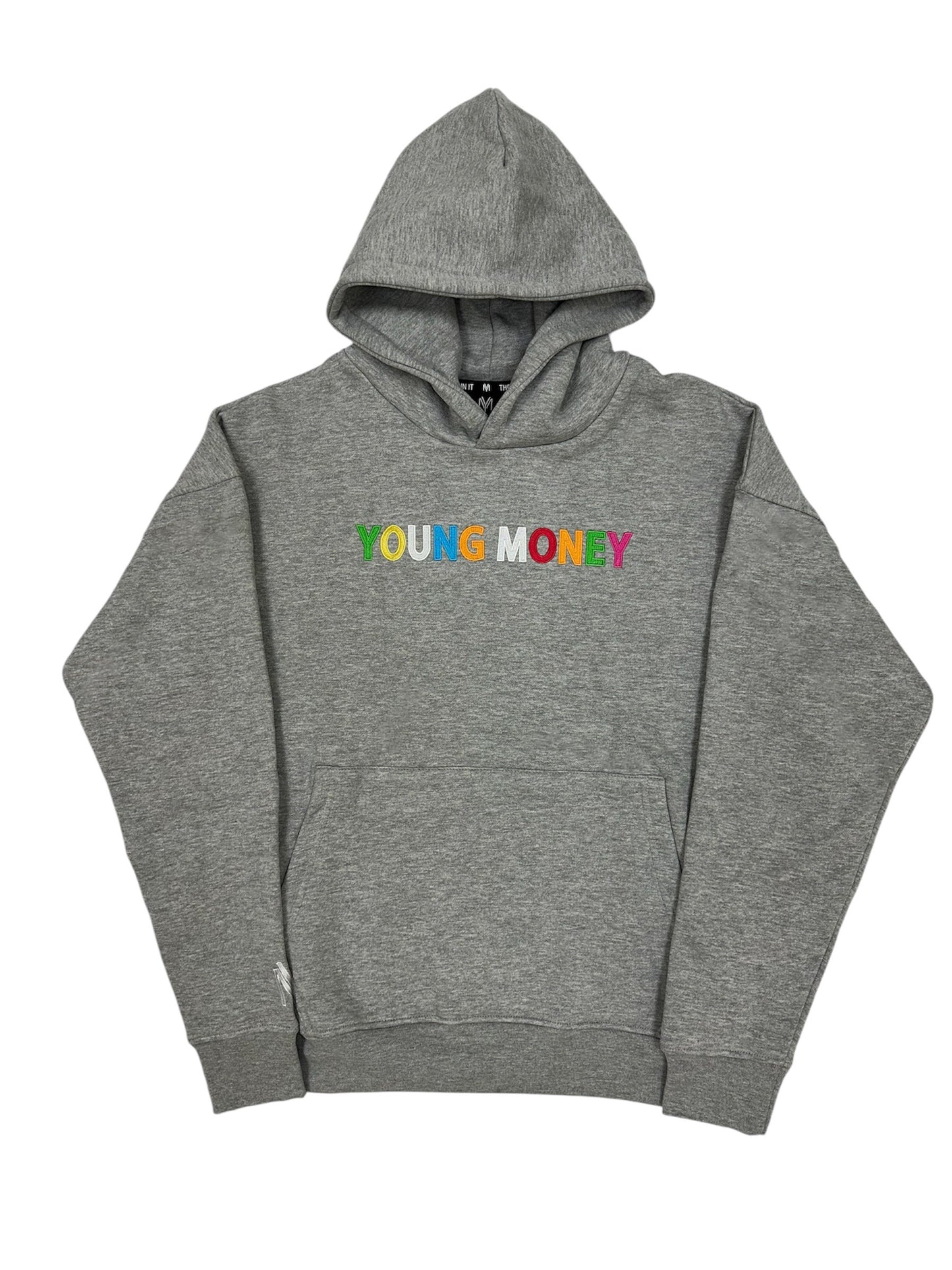 Grey hoodie with a direct embroidered young money text in illuminous multicolours 