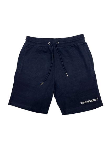 Navy relaxed fit shorts with embroidered young money text 