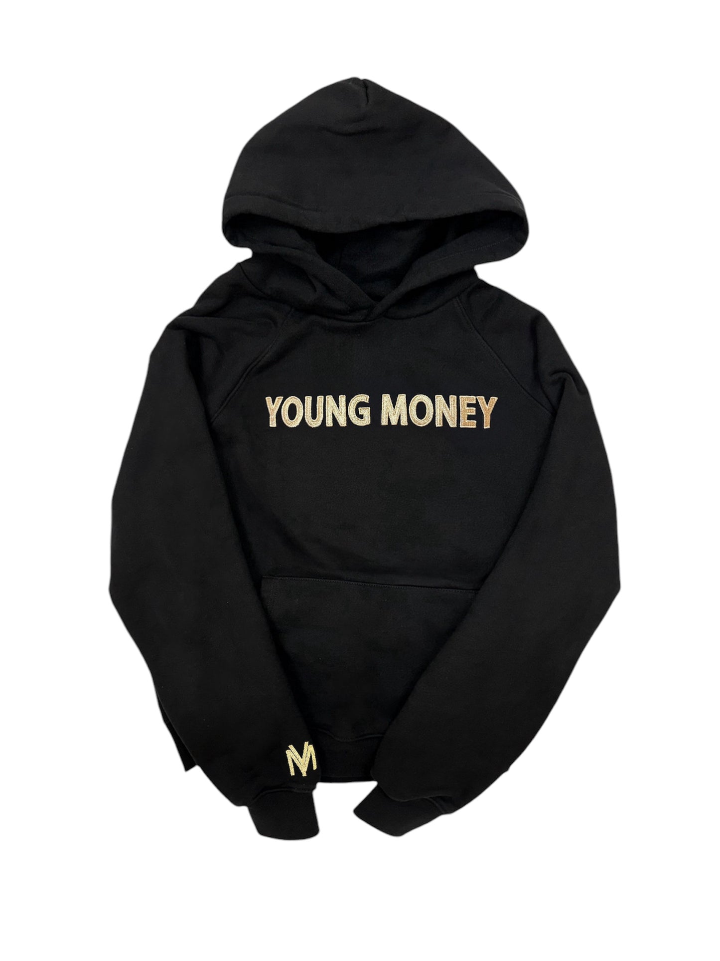 Black organic cotton oversized hoodie with gold embroidered young money lettering on the front and a gold embroidered YM logo on the sleeve