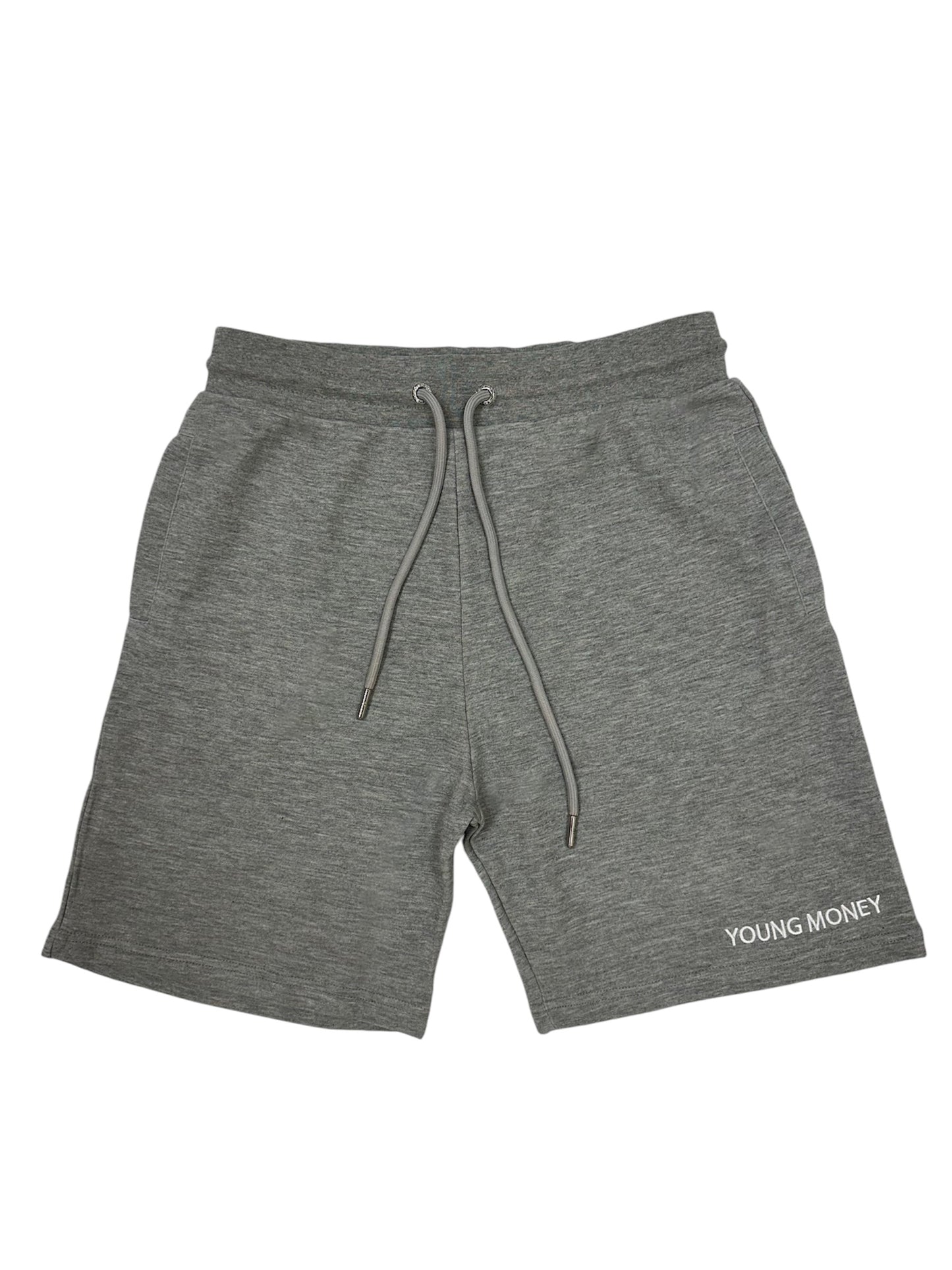 Grey relaxed fit shorts with embroidered young money text 