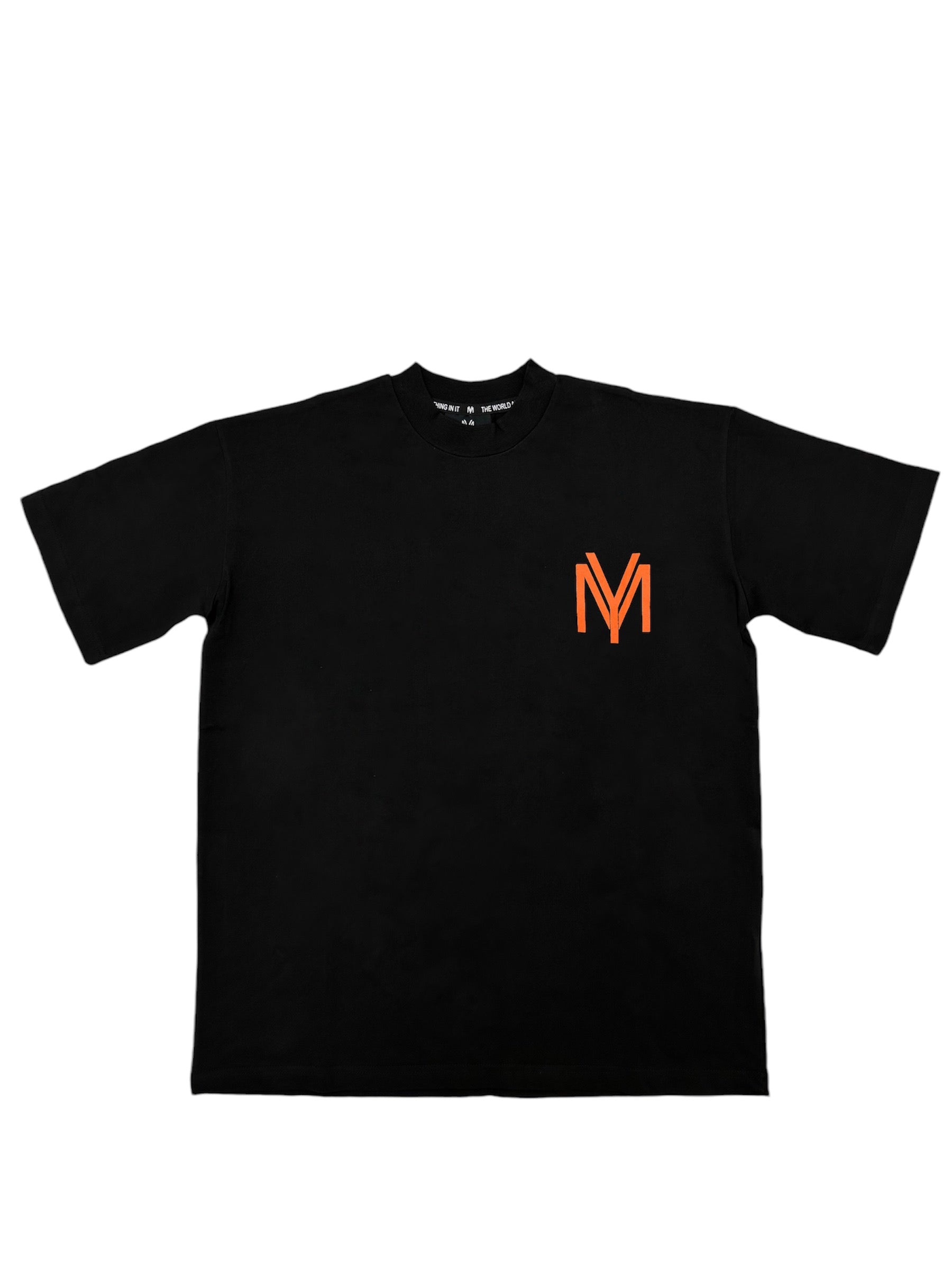 Black organic cotton oversized T-shirt featuring a printed orange YM logo on the front