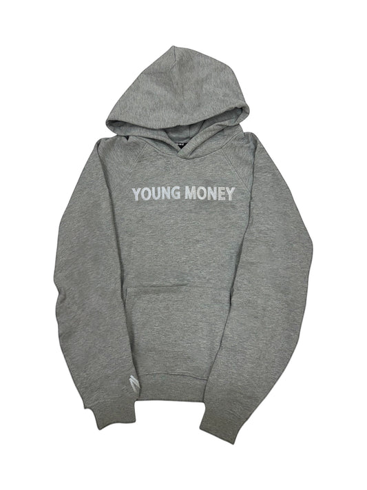 Grey organic cotton oversized hoodie with grey embroidered young money text to the front and grey embroidered logo on the sleeve