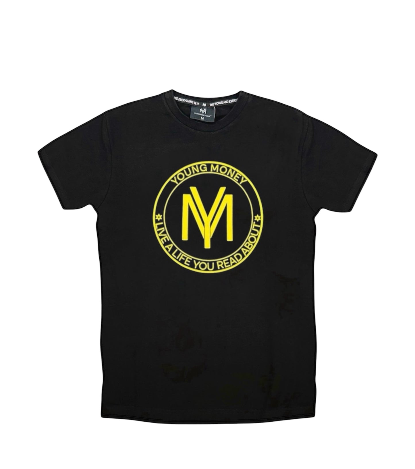 Black slim-fit T-shirt with a coloured shield design across the front with the brand's slogan in yellow