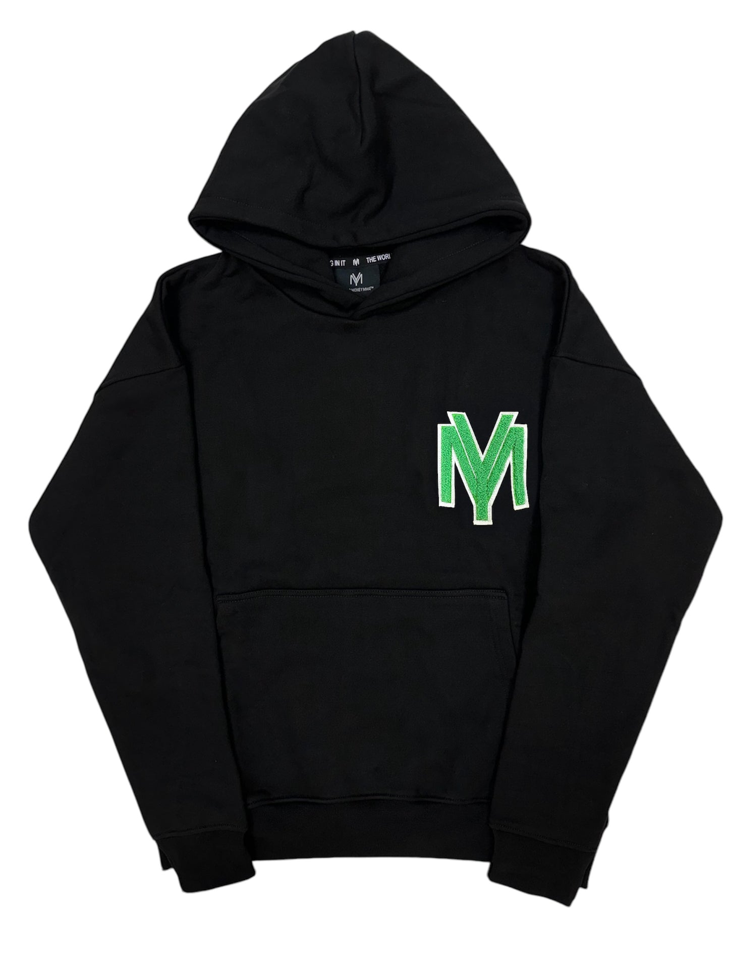 Premium organic cotton black hoodie with a raised fluffy embroidered YM logo on the chest in green