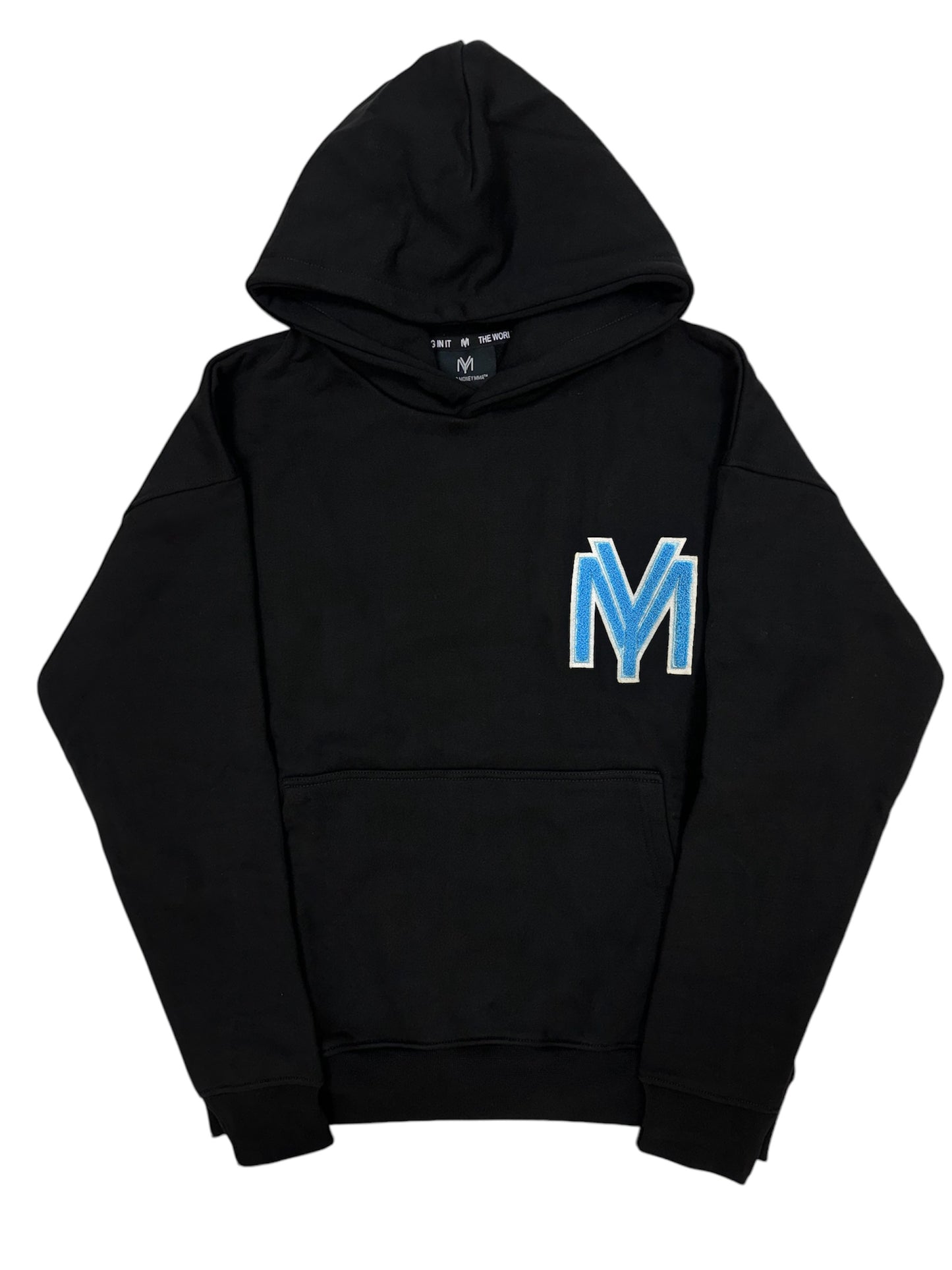 Premium organic cotton black hoodie with a raised fluffy embroidered YM logo on the chest in blue