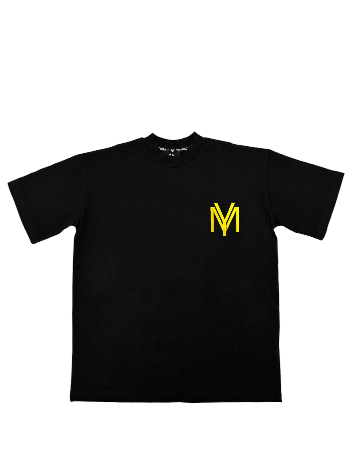 Black organic cotton oversized T-shirt featuring a printed yellow YM logo on the front