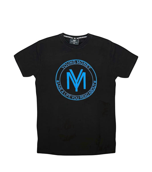 Black slim-fit T-shirt with a coloured shield design across the front with the brand's slogan in blue