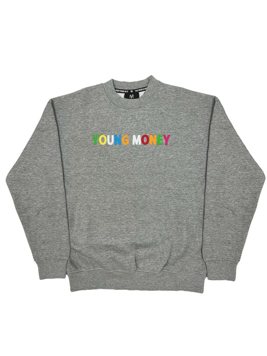 Grey sweatshirt with a direct embroidered young money text in illuminous multicolours 