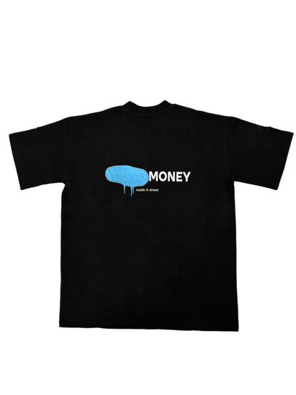 Black organic cotton oversized T-shirt featuring a blue spray paint graphic and text on the back