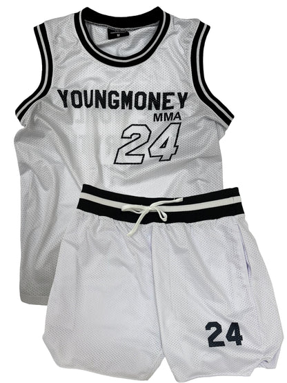 White Young Money MMA basketball style jersey and shorts set with 24 the year the brand established