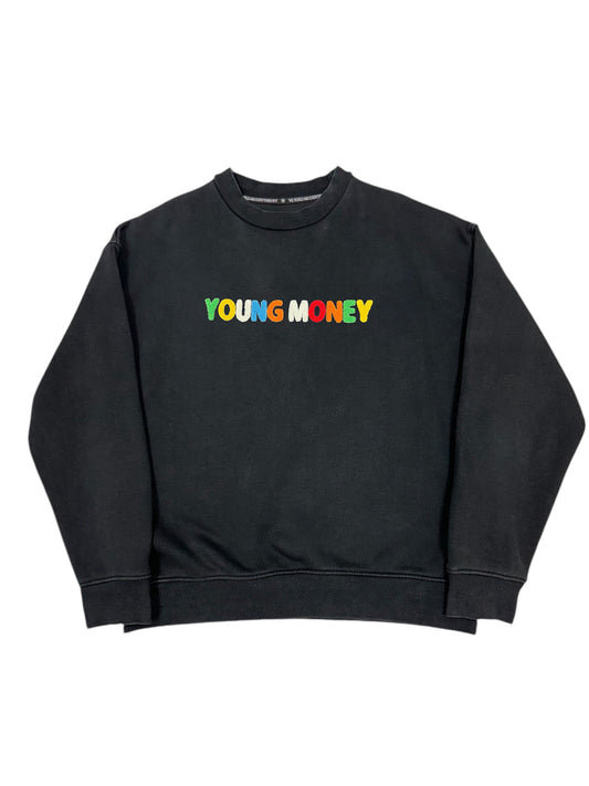 Black sweatshirt with a fluffy embroidered young money text in illuminous multicolours 