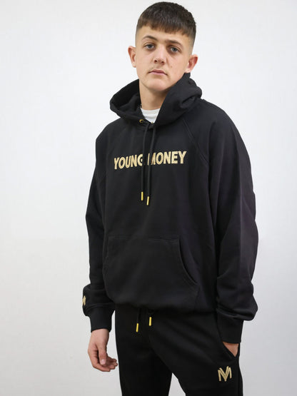 Black organic tracksuit hoodie and joggers with gold embroidered texts and logos on a male model size small