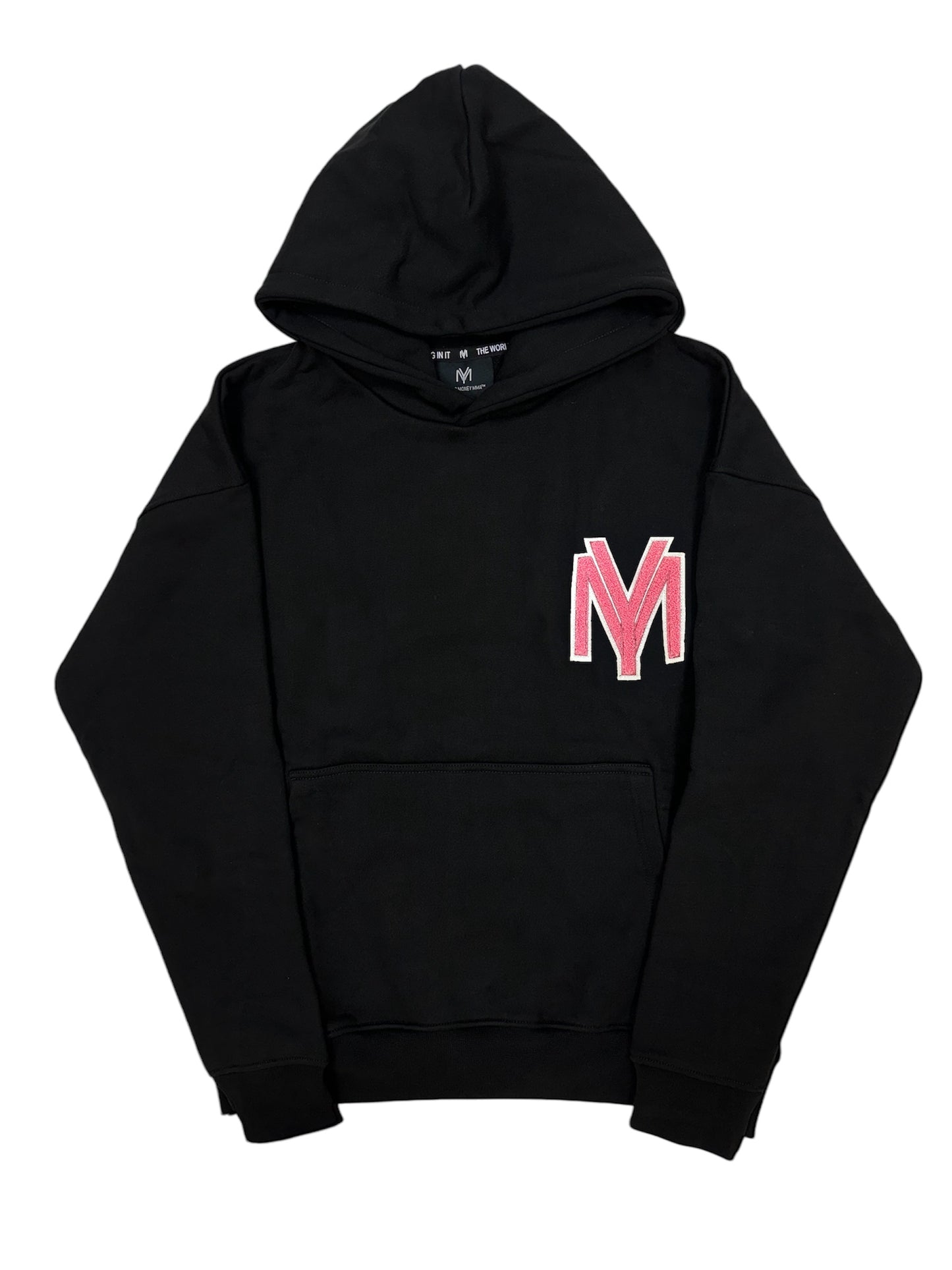 Premium organic cotton black hoodie with a raised fluffy embroidered YM logo on the chest in pink