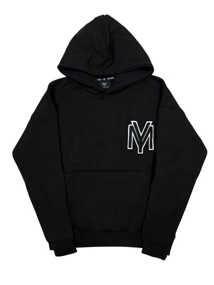 Premium organic cotton black hoodie with a raised fluffy embroidered YM logo on the chest in black