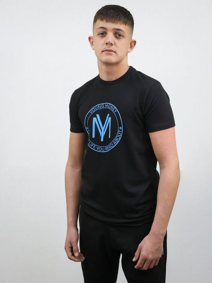 Black slim-fit T-shirt with a coloured shield design across the front with the brand's slogan in blue on a male model size medium