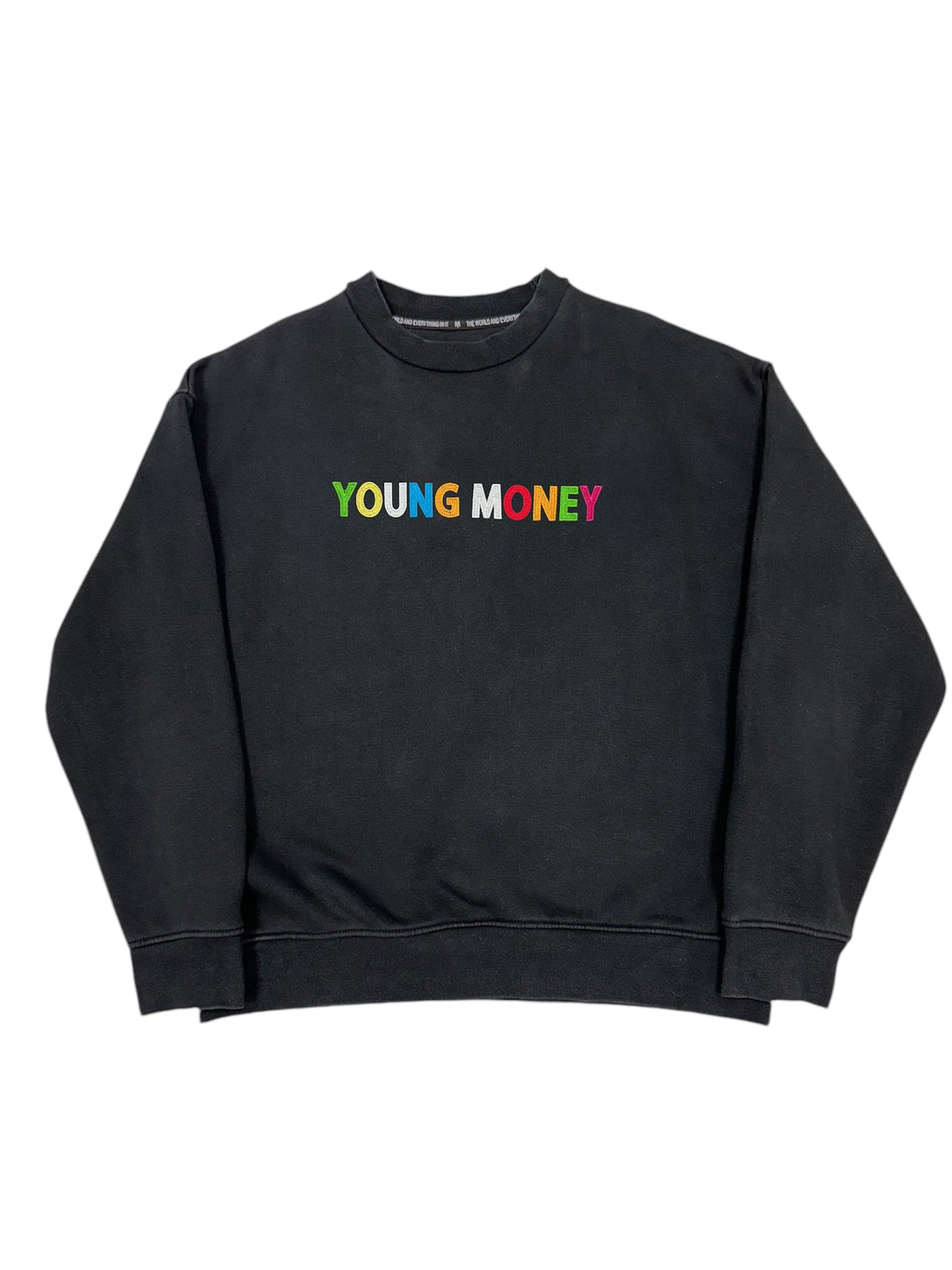 Black sweatshirt with a direct embroidered young money text in illuminous multicolours 