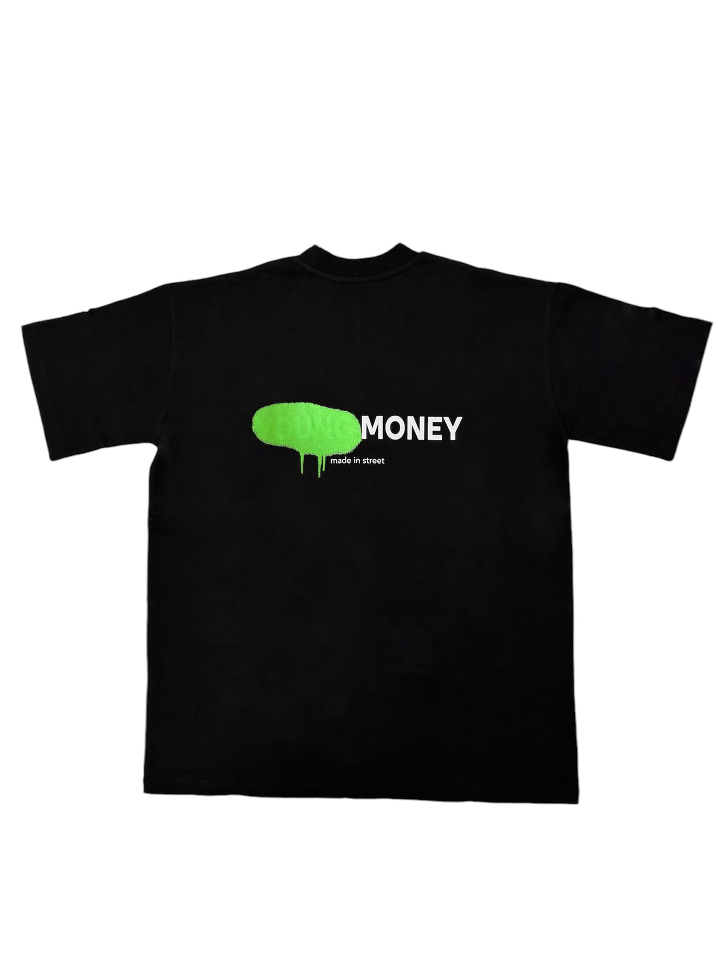 Black organic cotton oversized T-shirt featuring a green spray paint graphic and text on the back