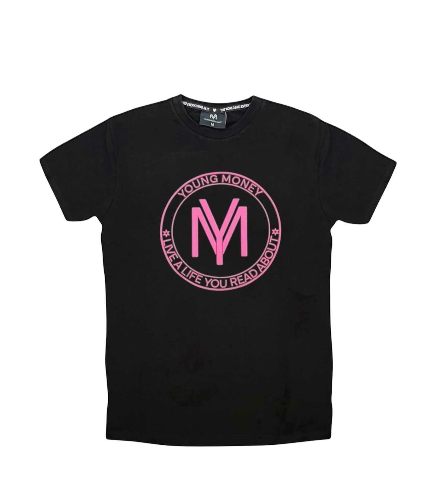 Black slim-fit T-shirt with a coloured shield design across the front with the brand's slogan in pink