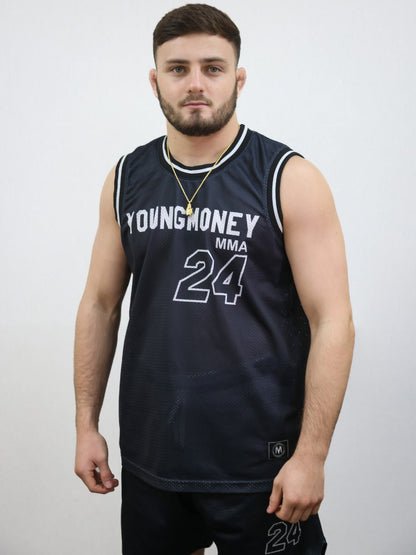 Black Young Money MMA basketball style jersey and shorts set with 24 on a male model size medium