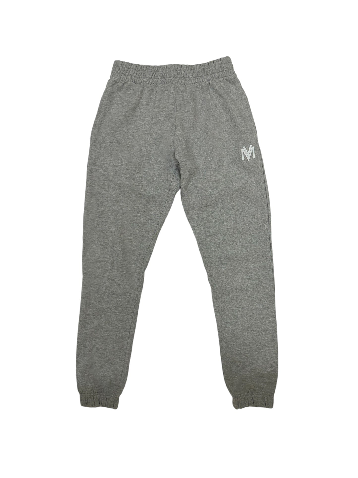 Grey organic cotton joggers with a white embroidered YM logo to the left side