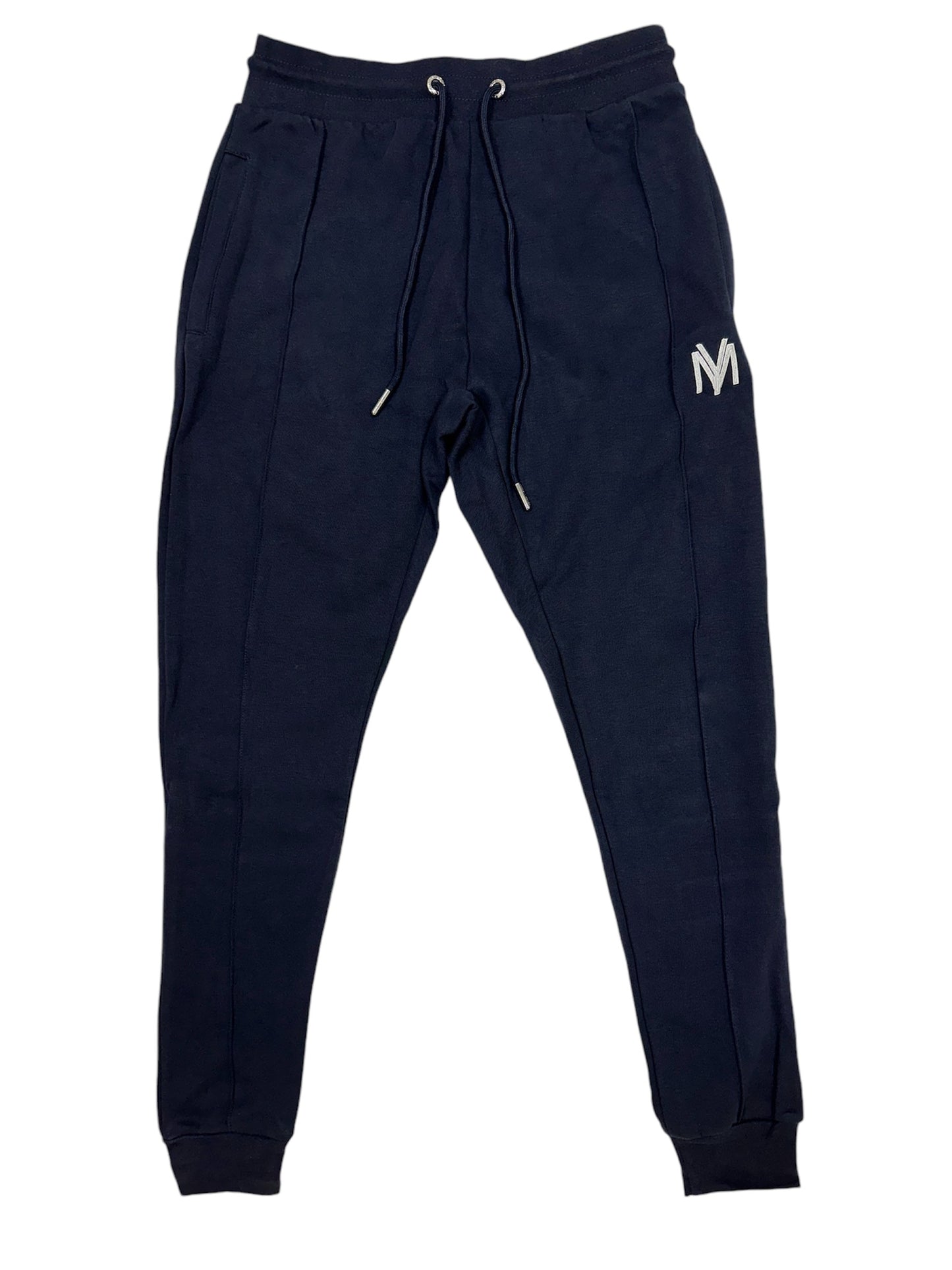 Slim-fit joggers in navy with a white embroidered YM logo on the left