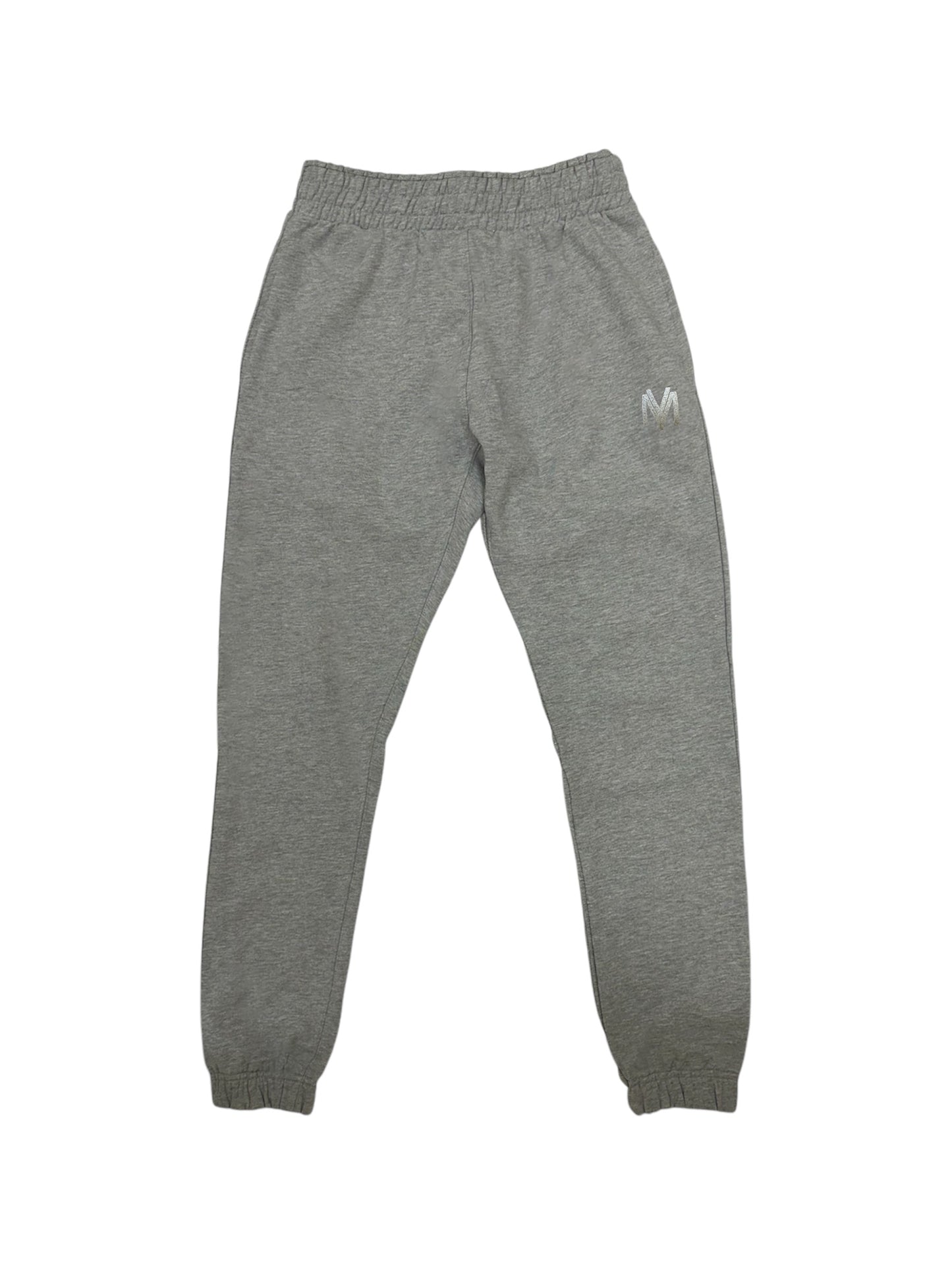 Grey organic cotton joggers with a grey embroidered YM logo to the left side 