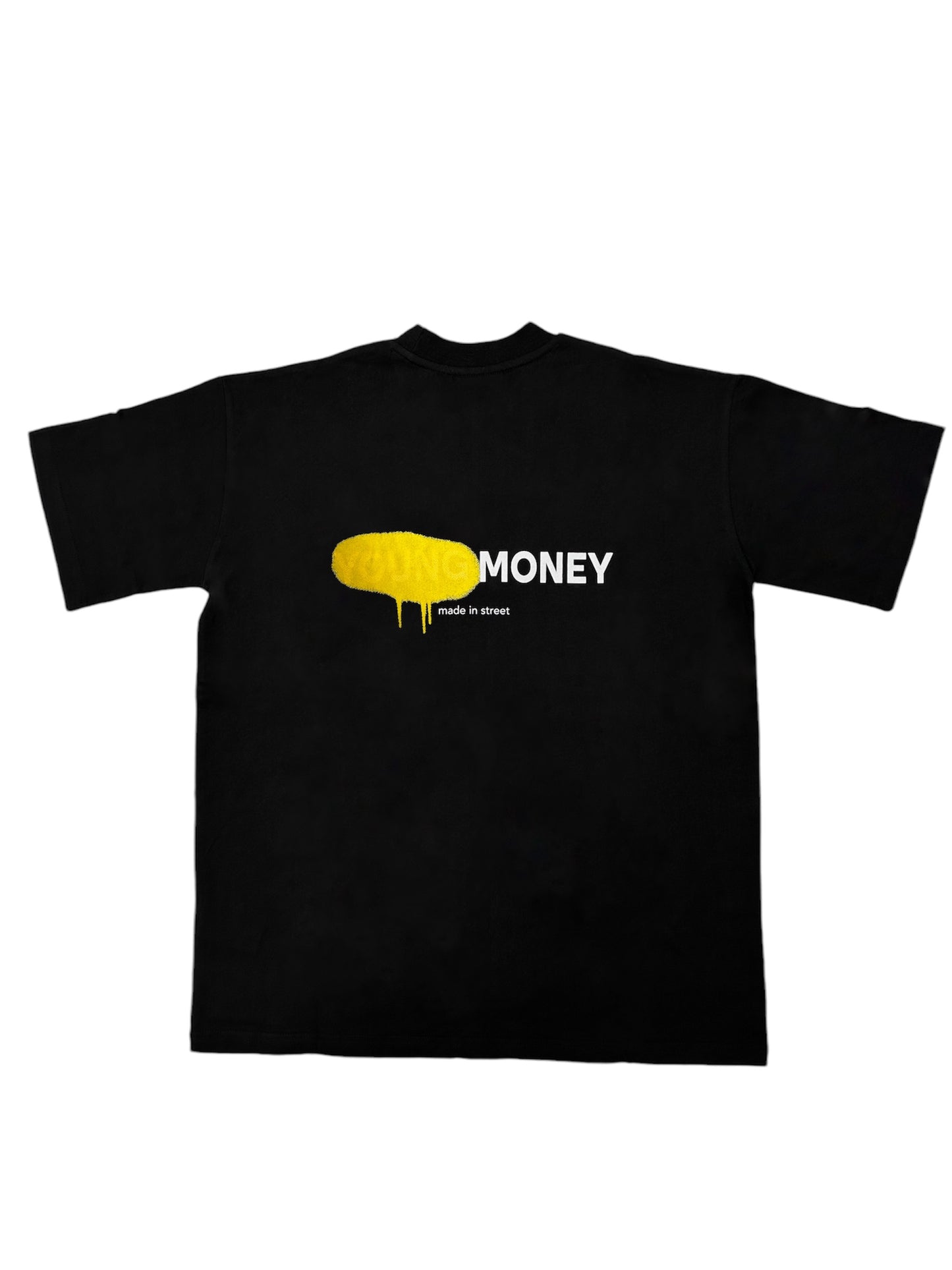 Black organic cotton oversized T-shirt featuring a yellow spray paint graphic and text on the back