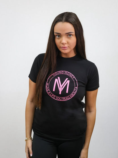 Black slim-fit T-shirt with a coloured shield design across the front with the brand's slogan in pink on a female model size small