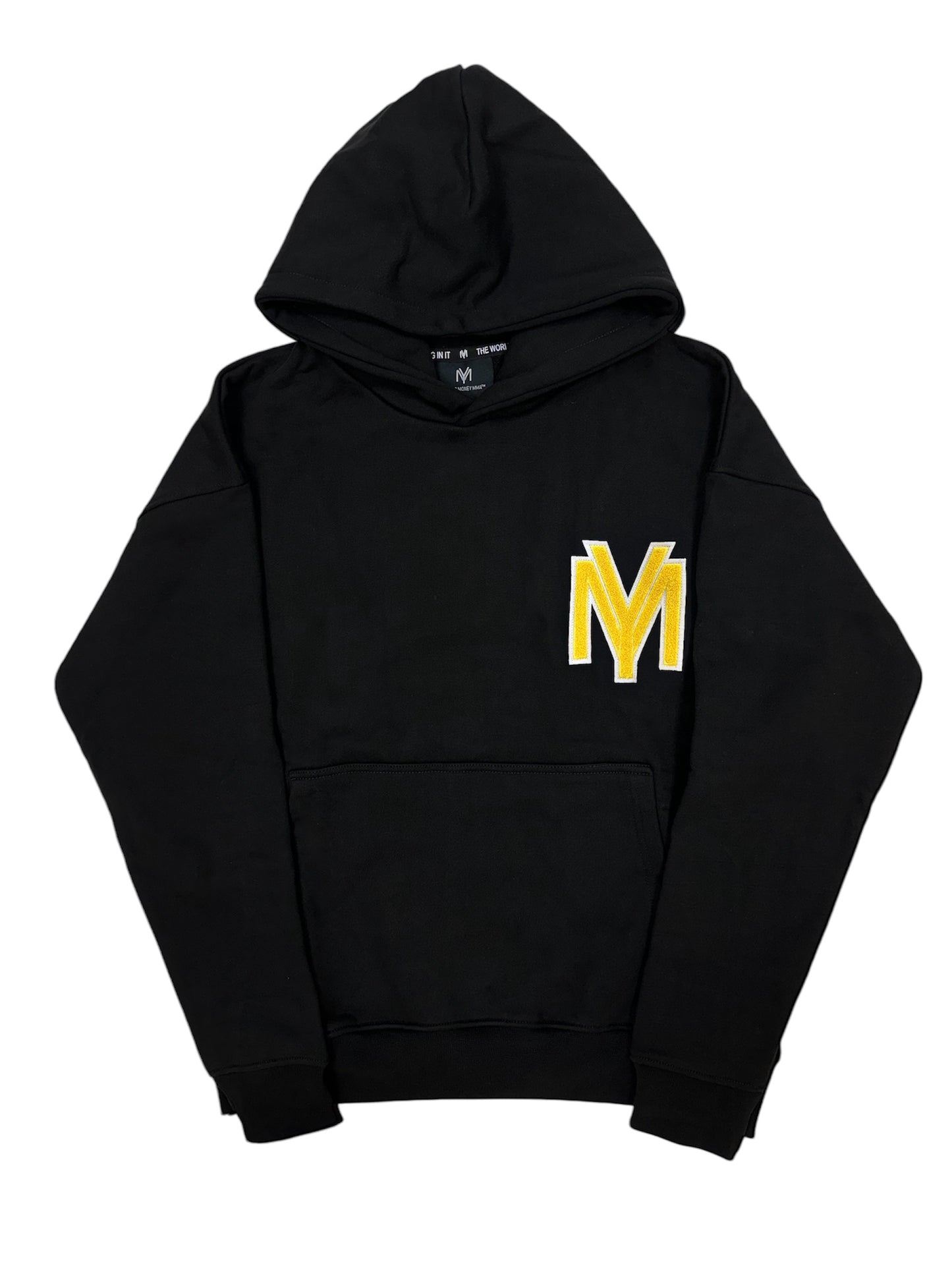 Premium organic cotton black hoodie with a raised fluffy embroidered YM logo on the chest in yellow