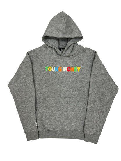 Grey hoodie with a fluffy embroidered young money text in illuminous multicolours 