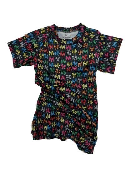 Black rash guard featuring the young money logo all over in illuminous multicolours